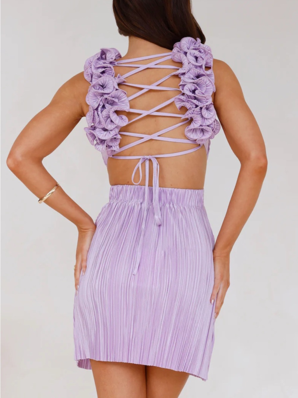 Hello Molly Lilac Ruffle Lace-Up Back Mini Dress